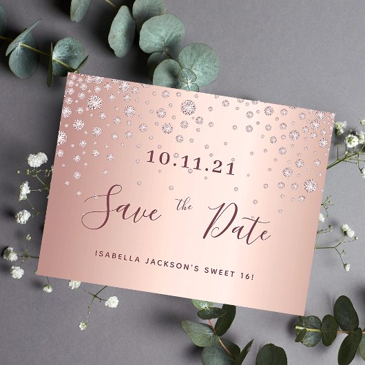 Sweet 16 verjaardag rose goud diamanten save the d briefkaart