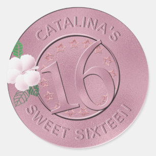 Sweet 16 Verjaardag Roze Faux Metallic Folie Bloem Ronde Sticker