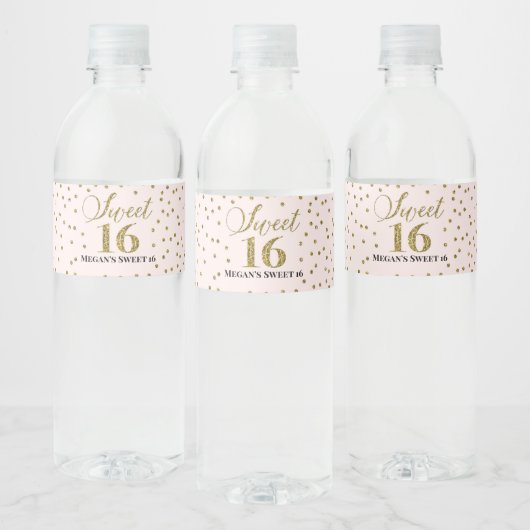 Sweet 16 Verjaardag Roze Goud Confetti Waterfles Etiket (Flessen)