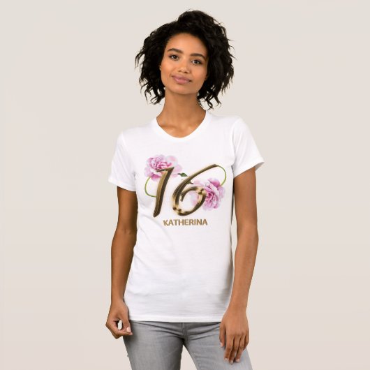 Sweet 16 Verjaardag Roze Rozen Metallic Bloemen T-shirt (Voorkant volledig)