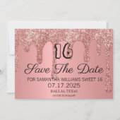 Sweet 16 Verjaardag Roze Sparkle Glitter Drips Save The Date (Voorkant)