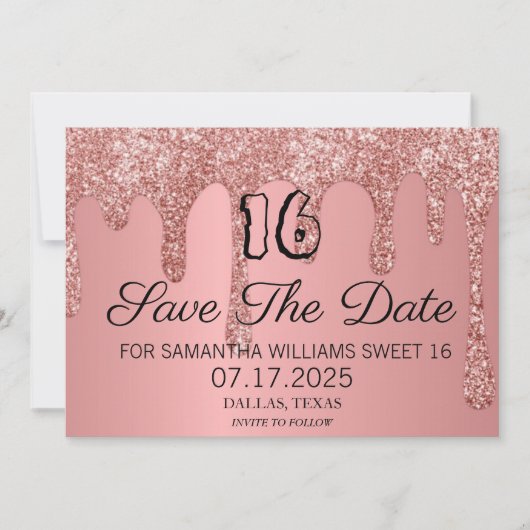 Sweet 16 Verjaardag Roze Sparkle Glitter Drips Save The Date (Voorkant)