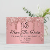 Sweet 16 Verjaardag Roze Sparkle Glitter Drips Save The Date (Staand voorkant)