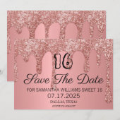 Sweet 16 Verjaardag Roze Sparkle Glitter Drips Save The Date (Voorkant / Achterkant)