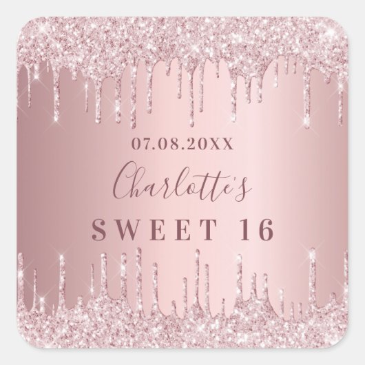 Sweet 16 verjaardag roze stoffige roos glitter mon vierkante sticker (Voorkant)