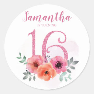 Sweet 16 Verjaardag Roze Waterverf Bloemen Glitter Ronde Sticker