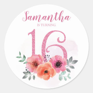 Sweet 16 Verjaardag Roze Waterverf Bloemen Glitter Ronde Sticker