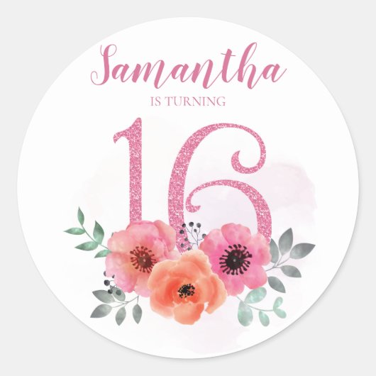 Sweet 16 Verjaardag Roze Waterverf Bloemen Glitter Ronde Sticker (Voorkant)