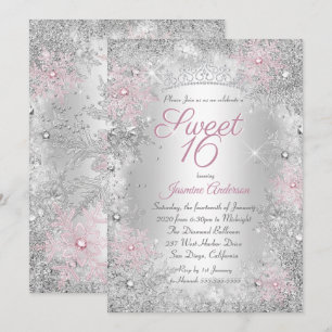 Sweet 16 Verjaardag Roze Zilver Winter Wonderland Kaart