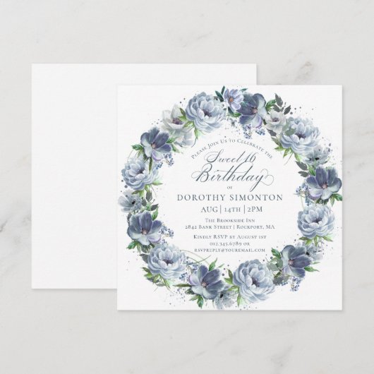 Sweet 16 Verjaardag Stoffige Blauwe Bloem Krans Kaart (Voorkant / Achterkant)