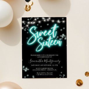 Sweet 16 Verjaardag Teal Neon Glow Donker Feest Kaart