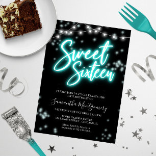 Sweet 16 Verjaardag Teal Neon Glow Donker Feest Kaart