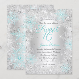 Sweet 16 Verjaardag Teal Zilver Winter Wonderland Kaart