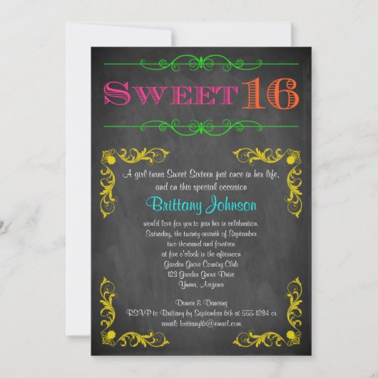 Sweet 16 Verjaardag Uitnodiging | Neon schoolbord (Voorkant)
