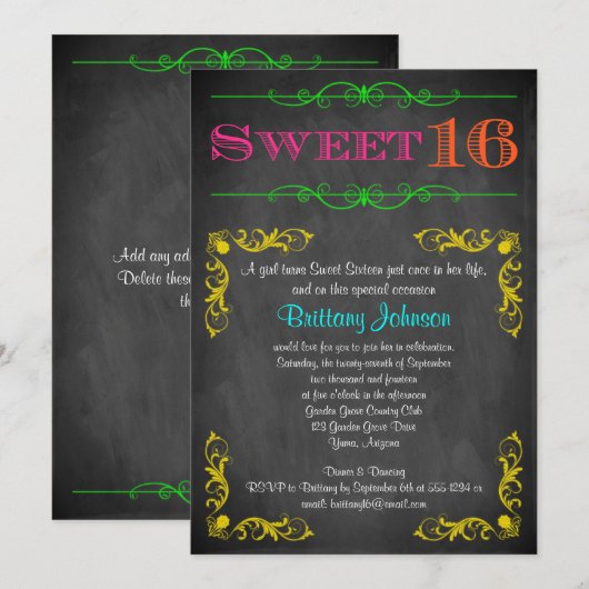 Sweet 16 Verjaardag Uitnodiging | Neon schoolbord (Voorkant / Achterkant)