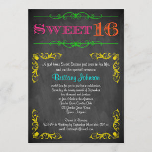 Sweet 16 Verjaardag Uitnodiging Neon schoolbord