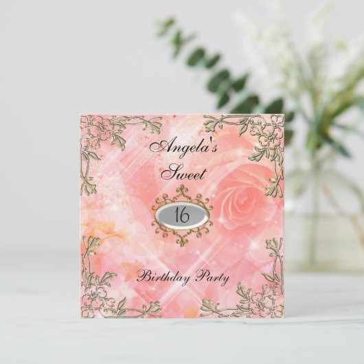 Sweet 16 verjaardag Uitnodiging roze bloemen (Staand voorkant)