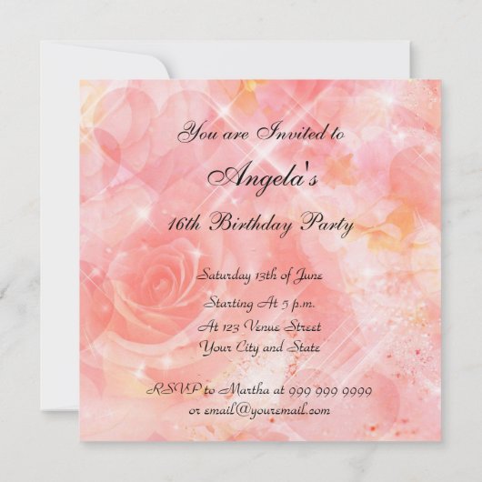 Sweet 16 verjaardag Uitnodiging roze bloemen (Achterkant)