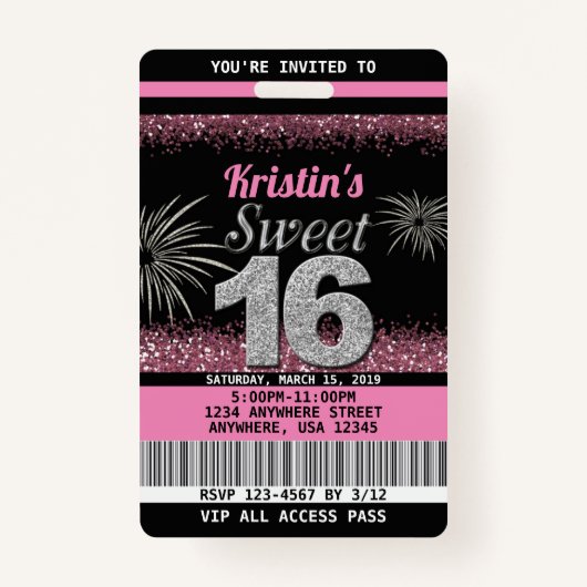 Sweet 16 Verjaardag Uitnodigingen in Blush Pink Badge (Voorkant)