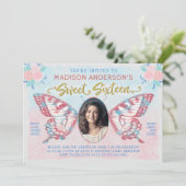 Sweet 16 Verjaardag | Vlinder Bloemen Fotofeestje Kaart (Staand voorkant)