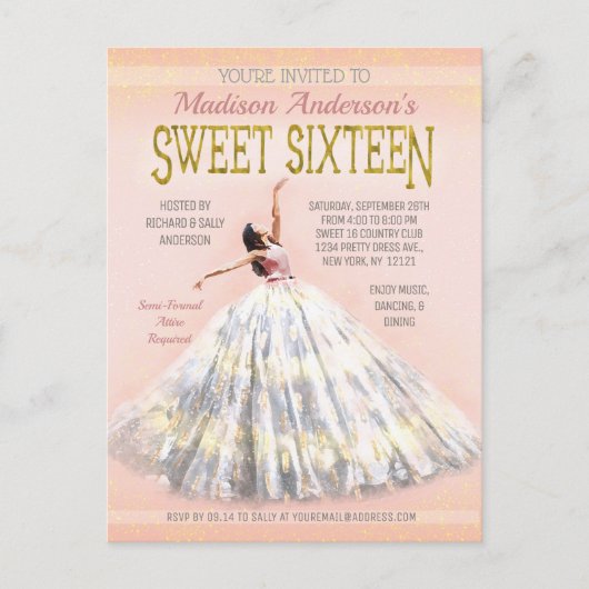 Sweet 16 Verjaardag Waterverf Jurk Blush Roze Goud Briefkaart (Voorkant)
