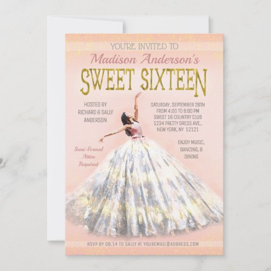 Sweet 16 Verjaardag Waterverf Jurk Blush Roze Goud Kaart (Voorkant)