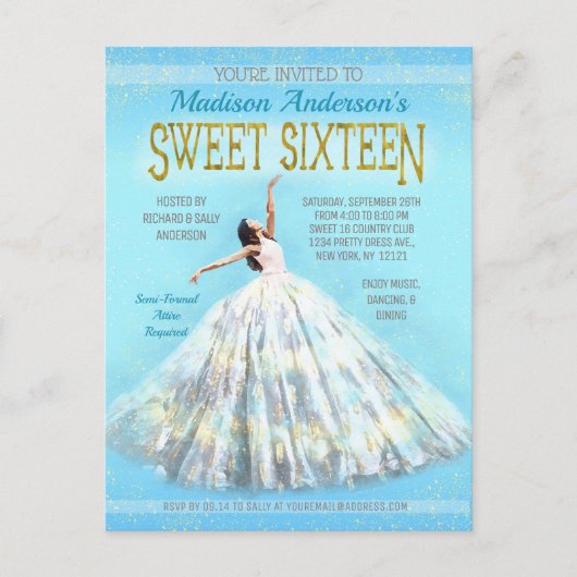 Sweet 16 Verjaardag Waterverf Jurk Royal Blue Gold Briefkaart (Voorkant)
