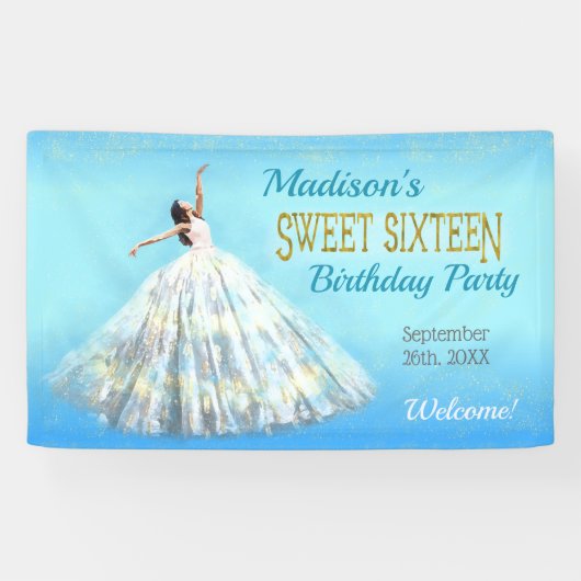 Sweet 16 Verjaardag Waterverf Jurk Royal Blue Gold Spandoek (Horizontaal)