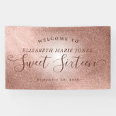 Sweet 16 Verjaardag Welkom Pink Rose Gold Glitter Spandoek (Horizontaal)