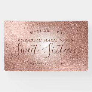 Sweet 16 Verjaardag Welkom Pink Rose Gold Glitter Spandoek