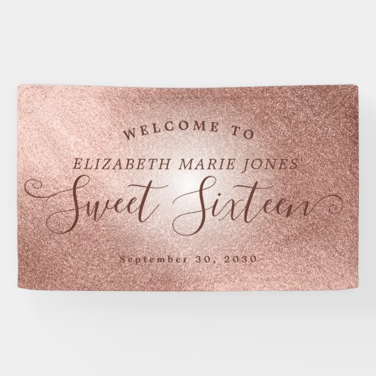 Sweet 16 Verjaardag Welkom Pink Rose Gold Glitter Spandoek (Horizontaal)