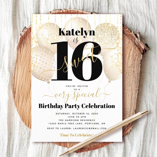 Sweet 16 Verjaardag Wit Gouden Ballonnen Girly Gla Kaart