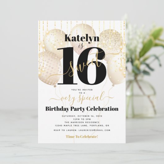 Sweet 16 Verjaardag Wit Gouden Ballonnen Girly Gla Kaart (Staand voorkant)
