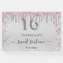 Sweet 16 verjaardag zilver roze glitter gastenboek