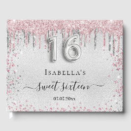 Sweet 16 verjaardag zilver roze glitter gastenboek