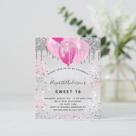 Sweet 16 verjaardag zilver roze glitter uitnodigin (Staand voorkant)