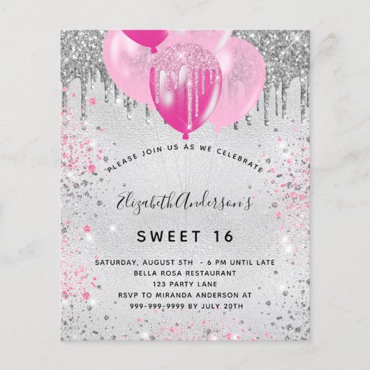 Sweet 16 verjaardag zilver roze glitter uitnodigin (Voorkant)