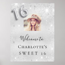 Sweet 16 verjaardag zilveren glitter foto welkom poster
