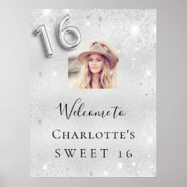 Sweet 16 verjaardag zilveren glitter foto welkom poster