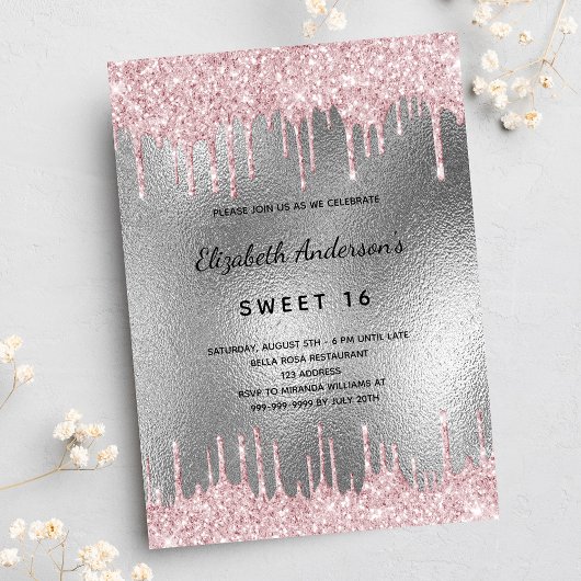 Sweet 16 verjaardag zilveren glitter roze uitnodig briefkaart