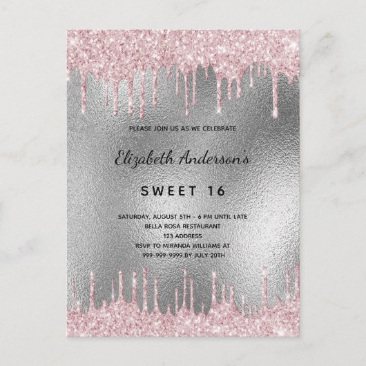 Sweet 16 verjaardag zilveren glitter roze uitnodig briefkaart (Voorkant)