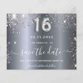 Sweet 16 verjaardag zilveren glitter sparen de dat flyer