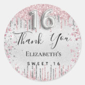 Sweet 16 verjaardag zilveren roze glitter dank u ronde sticker (Voorkant)