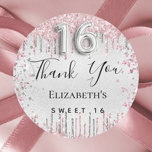 Sweet 16 verjaardag zilveren roze glitter dank u ronde sticker