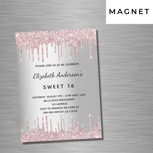 Sweet 16 verjaardag zilveren roze glitter druppels magnetische uitnodiging