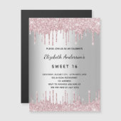 Sweet 16 verjaardag zilveren roze glitter druppels magnetische uitnodiging (Voorkant / Achterkant)