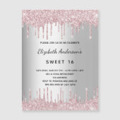Sweet 16 verjaardag zilveren roze glitter druppels magnetische uitnodiging (Voorkant)