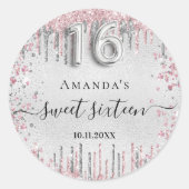 Sweet 16 verjaardag zilveren roze glitter script ronde sticker (Voorkant)