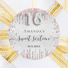 Sweet 16 verjaardag zilveren roze glitter script ronde sticker