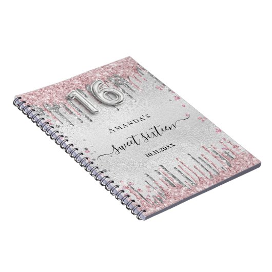 Sweet 16 verjaardag zilverroze glitter-gastenboek notitieboek (Rechterzijde)